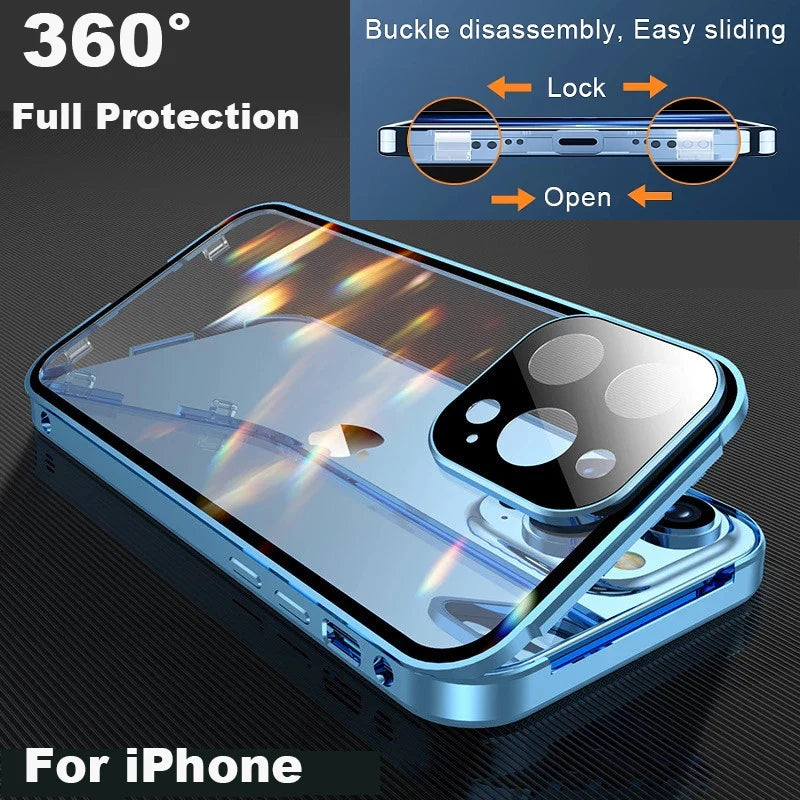 360° Metal Magnetic Glass Phone Case – Snap Lock Bumper for iPhone 16/15/14/13/12 Pro Max