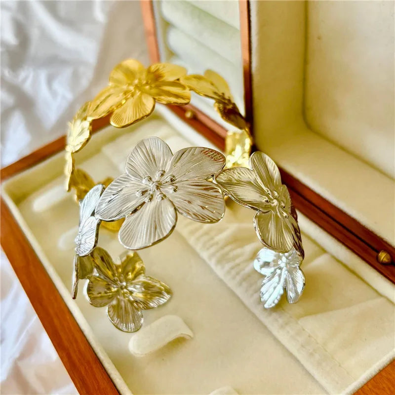 Wide Geometric Flower Bracelet - Adjustable Statement Jewelry