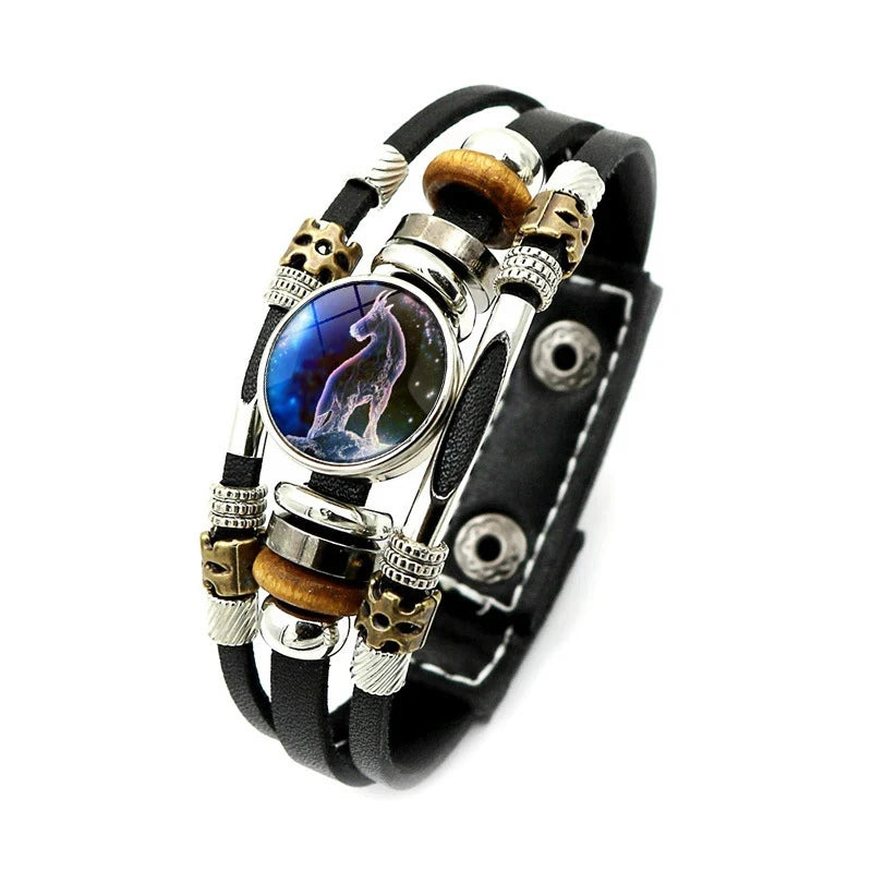 Zodiac Constellation Bracelet – 12 Signs Leather Snap Button Bracelet for Men & Women