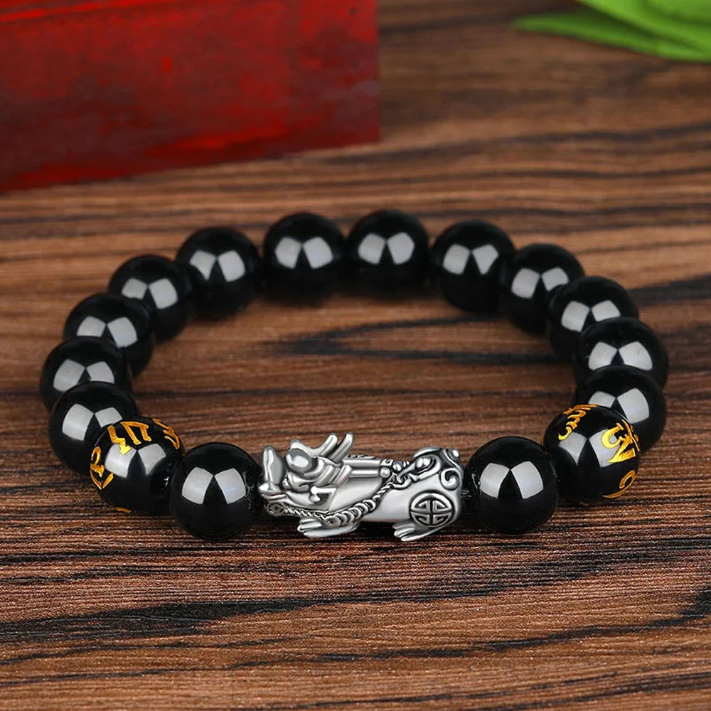 Fashion Jewelry Unisex Pixiu Attract Wealth Feng Shui Men Bracelets Obsidian Stone Beads Wristband Good Luck Bangle