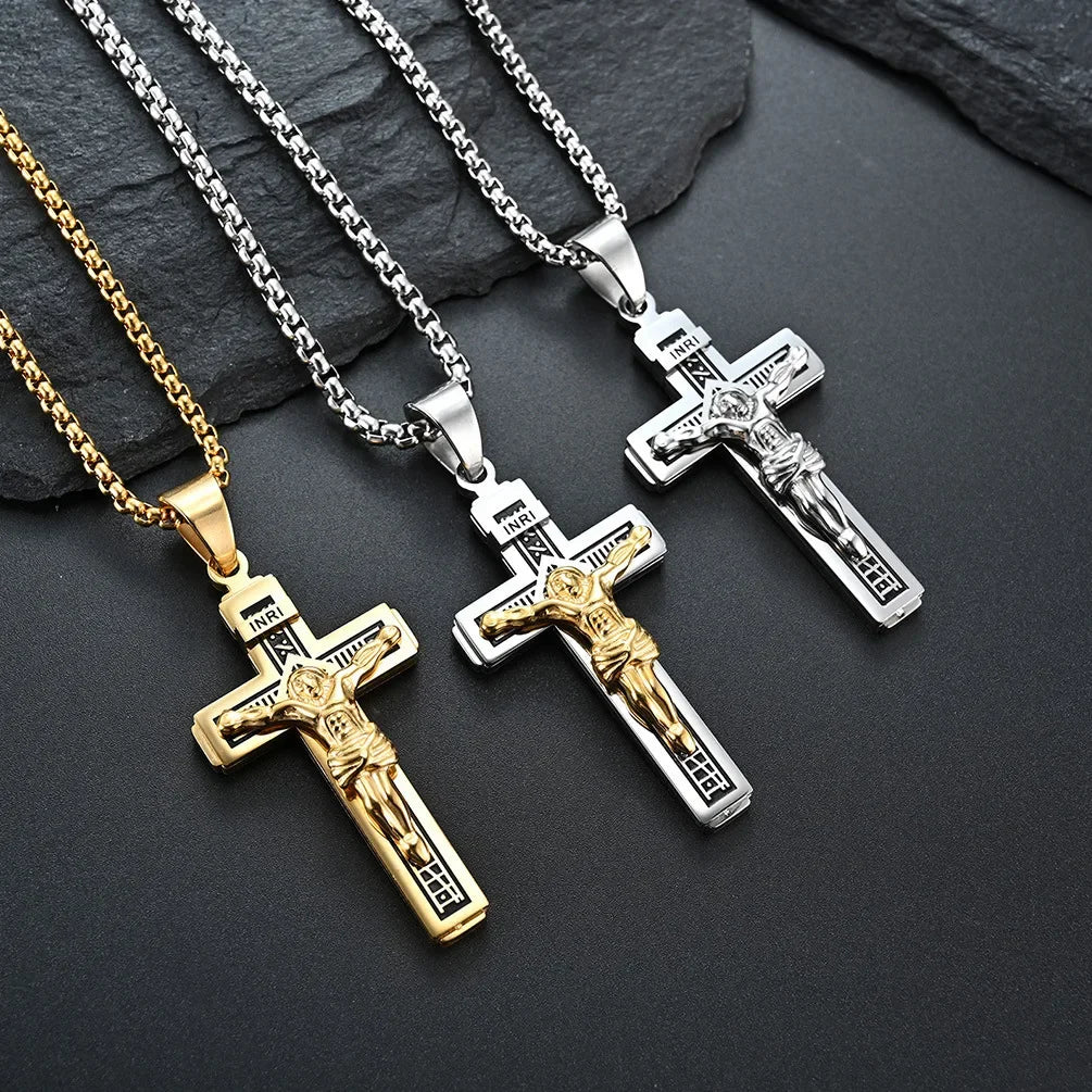 Hip Hop Cross Necklace for Men - Gold & Silver Religious Jesus Pendant Jewelry Gift
