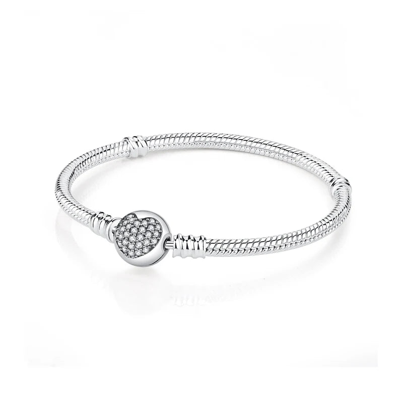 925 Sterling Silver Snake Chain Bracelet with Heart Charm Beads