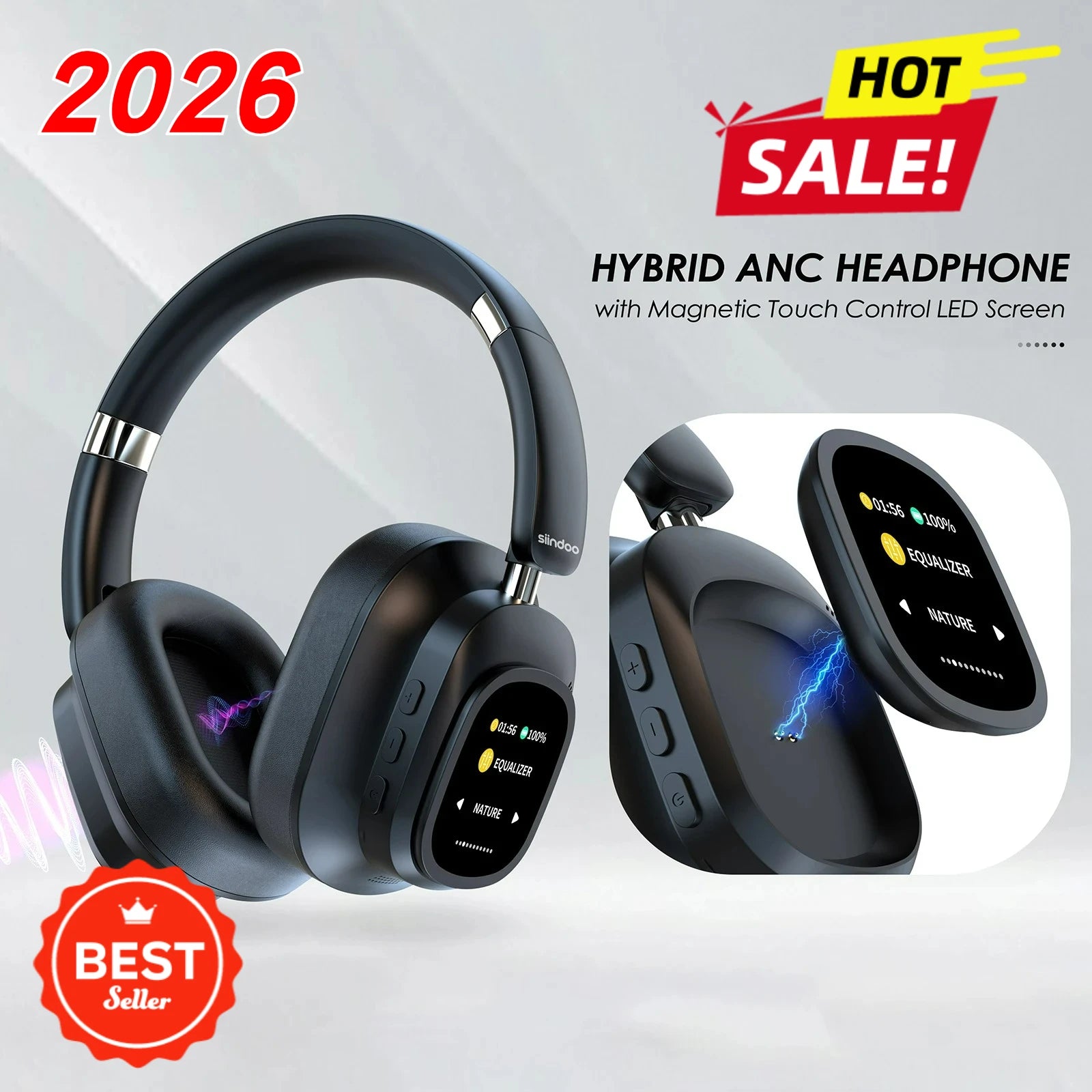 Hybrid ANC Headphones with AI Translator & LED Touch Screen - Wireless Premium Audio