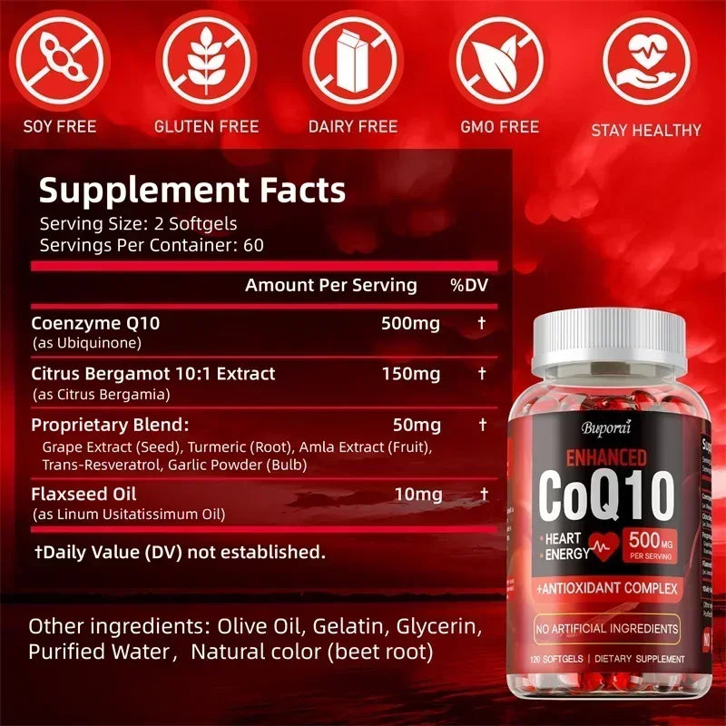 CoQ10 500mg High Potency Supplement - Heart Health, Energy & Anti-Aging Support with Bergamot (120 Capsules)