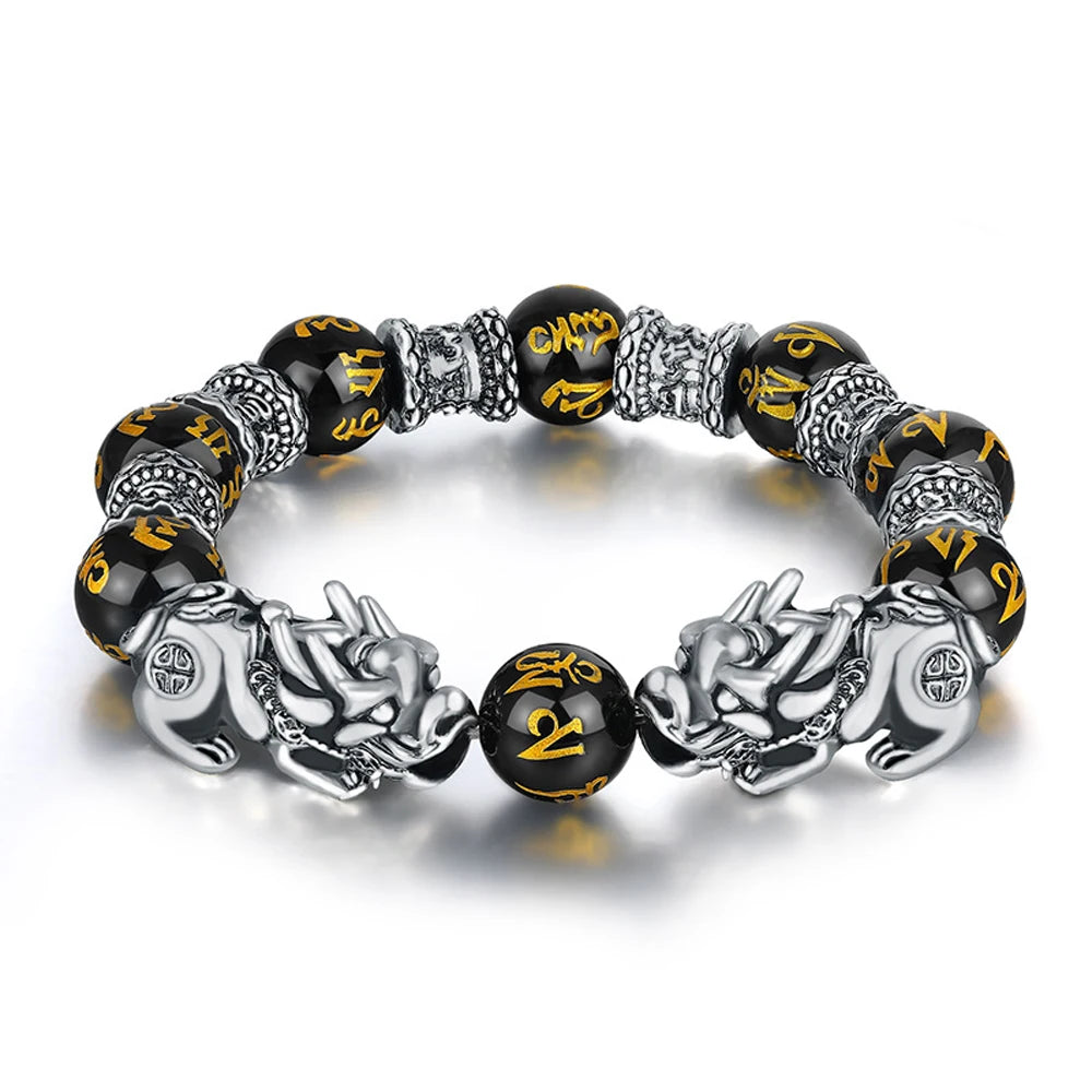 Fashion Jewelry Unisex Pixiu Attract Wealth Feng Shui Men Bracelets Obsidian Stone Beads Wristband Good Luck Bangle