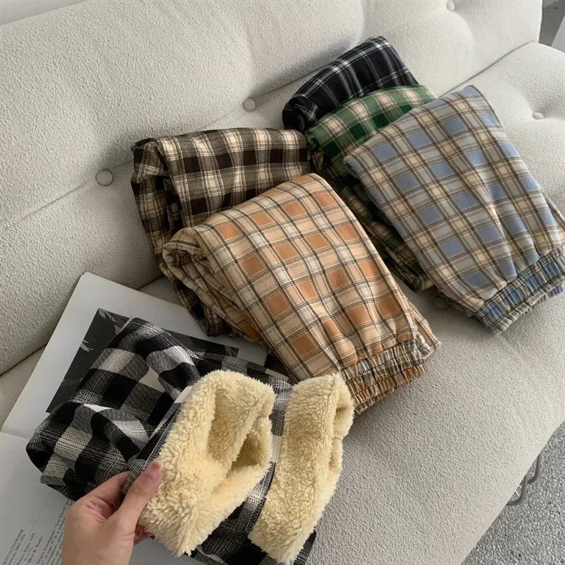 Warm Plush Plaid Pants – Women Winter Wide-Leg Casual