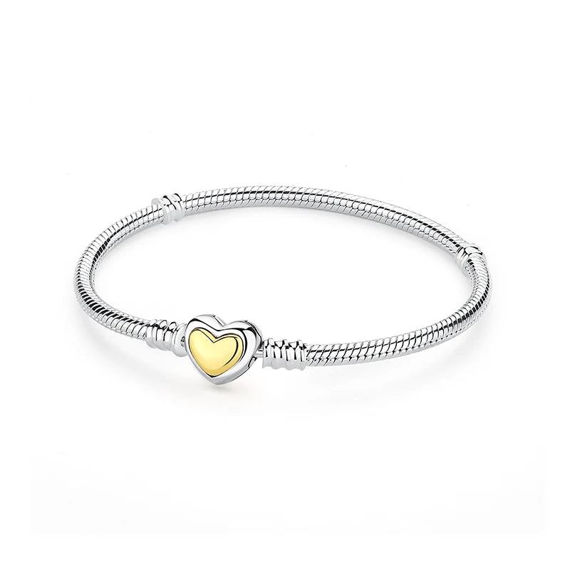 925 Sterling Silver Snake Chain Bracelet with Heart Charm Beads