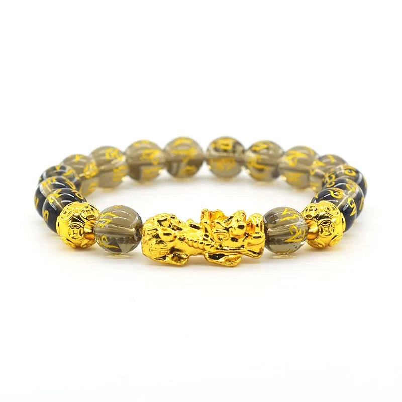 Pixiu Bracelet Feng Shui Wealth and Good Luck Bracelet Homme Wristband Gold Color Obisidian Stone Beads Black Six Character Gift