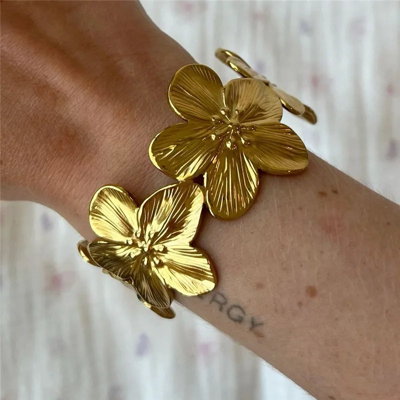 Wide Geometric Flower Bracelet - Adjustable Statement Jewelry