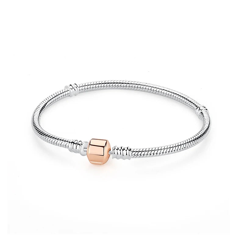 925 Sterling Silver Snake Chain Bracelet with Heart Charm Beads