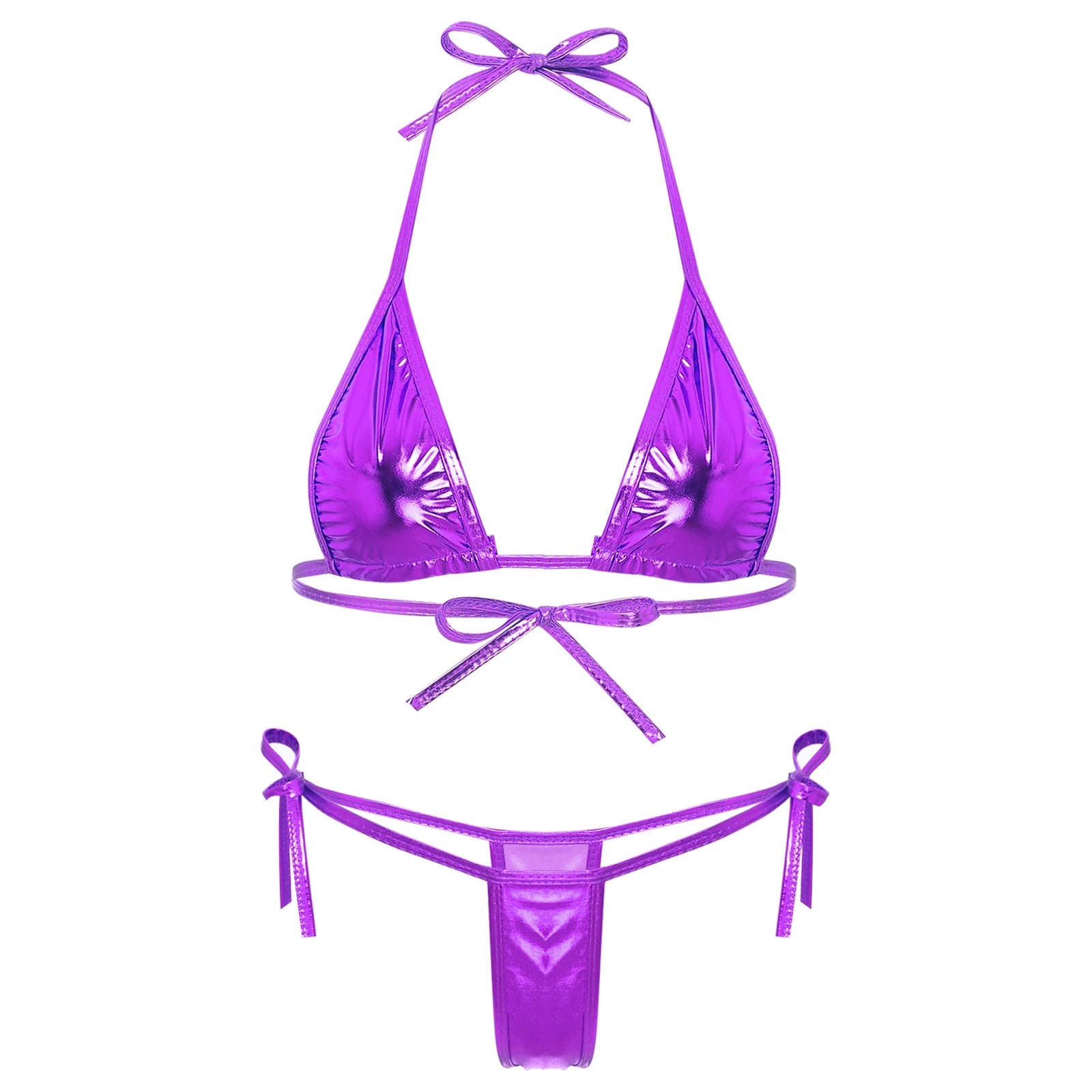 Womens Brazilian Micro Bikini Swimsuit Biquini Set Lacing Non-Padded Triangle Cup Bra Top with G-String Metallic Shiny Swimwear