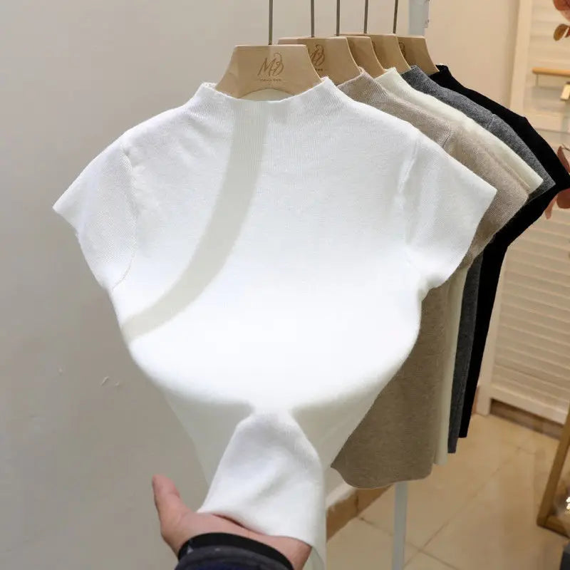 Turtleneck Pullover Sweater – Women's Knitted Short Sleeve