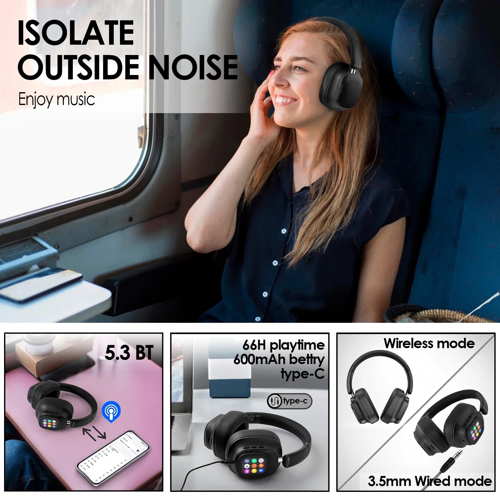 Hybrid ANC Headphones with AI Translator & LED Touch Screen - Wireless Premium Audio