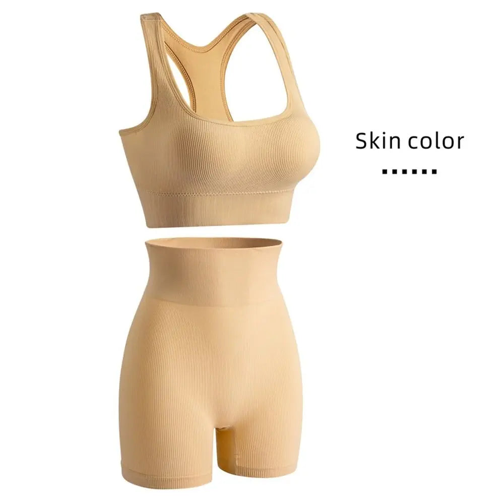 2 Pieces Seamless Workout Outfits High Waist Short Sport Bra Crop Matching Active Set Sleeveless Round Neck Tracksuit Exercise