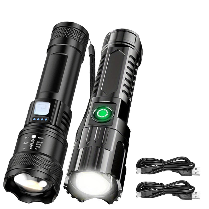 2000 Lumen LED Flashlight with Power Display - USB Rechargeable Tactical Torch with Zoom