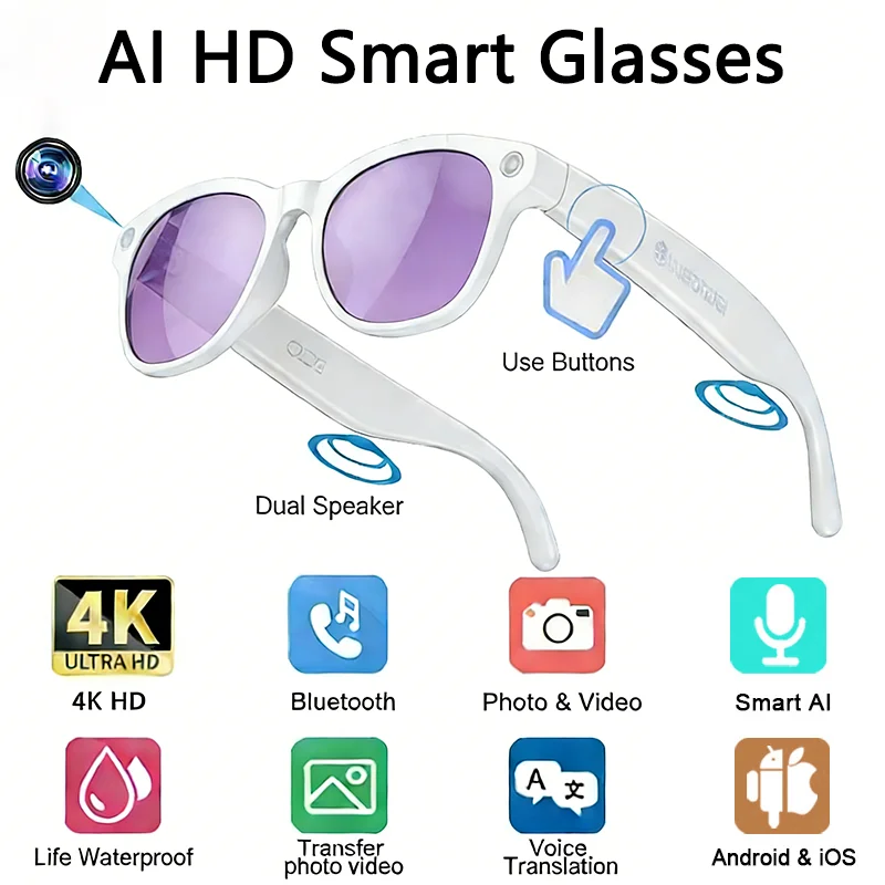 8K HD AI Smart Glasses - 800W Camera, Bluetooth & Voice Assistant