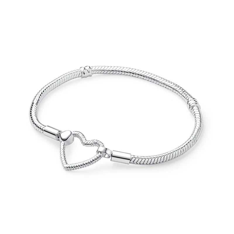 925 Sterling Silver Snake Chain Bracelet with Heart Charm Beads