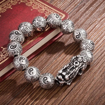 Feng Shui Taiji Bagua Pixiu Bracelet - Thai Silver Beads Wristband for Wealth & Good Luck