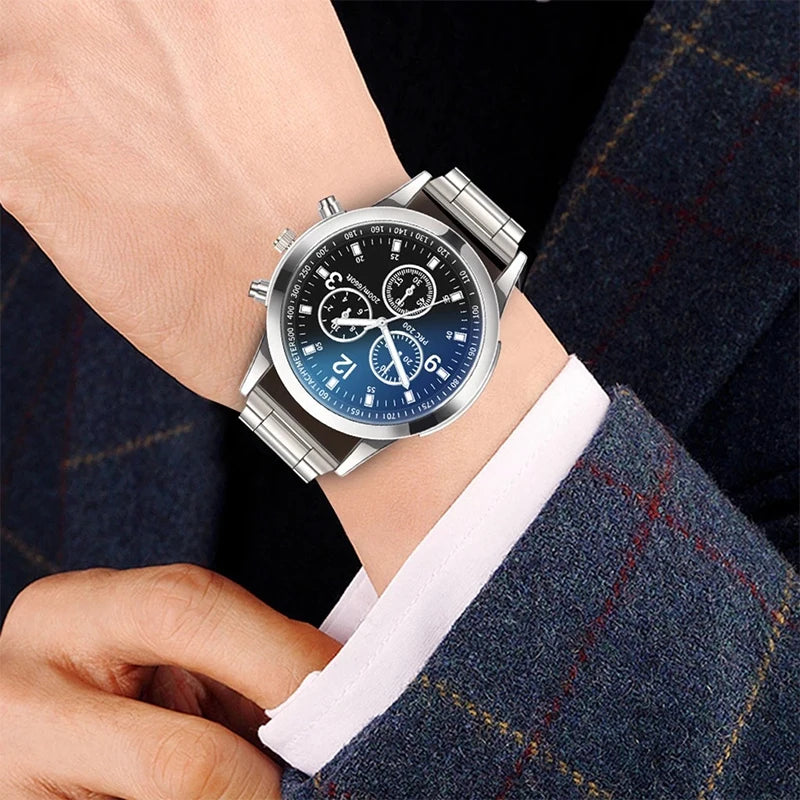 Men's Business Watch - Stainless Steel Band Quartz Wristwatch with Bracelet Set