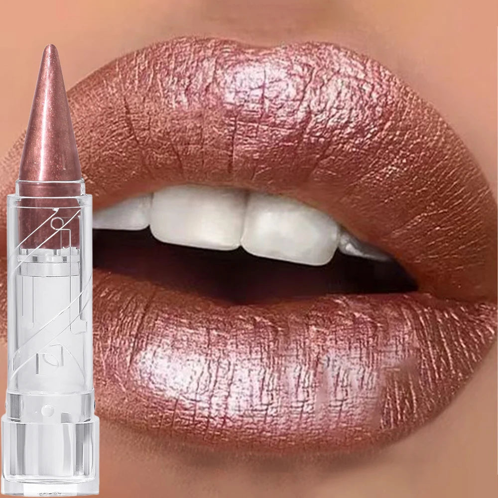 Pearlescent Brown Glitter Lipstick - Metallic Waterproof Matte Shimmer Velvet Finish