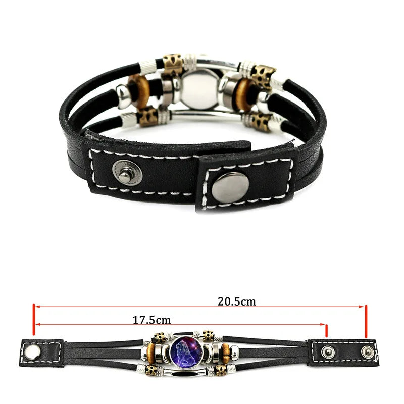Zodiac Constellation Bracelet – 12 Signs Leather Snap Button Bracelet for Men & Women