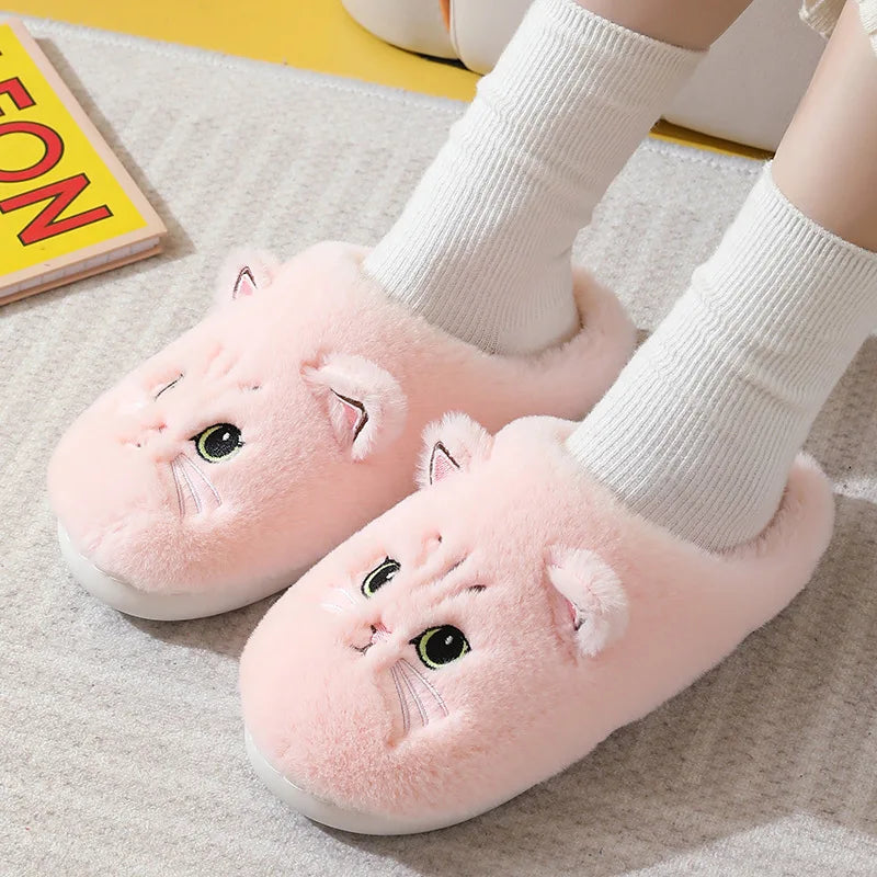 Women's Winter Fur Slippers - Non-Slip Plush Indoor Bedroom Shoes with Flat Heel