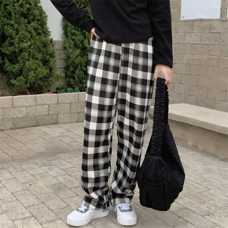 Warm Plush Plaid Pants – Women Winter Wide-Leg Casual