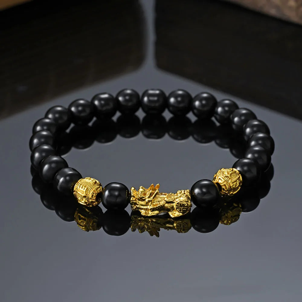 Feng Shui Black Obsidian Pixiu Wealth Bracelet - Prosperity Buddha Beads Elastic Bracelet