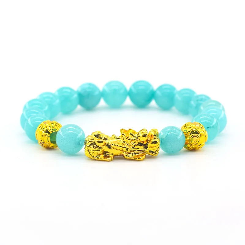 Pixiu Bracelet Feng Shui Wealth and Good Luck Bracelet Homme Wristband Gold Color Obisidian Stone Beads Black Six Character Gift