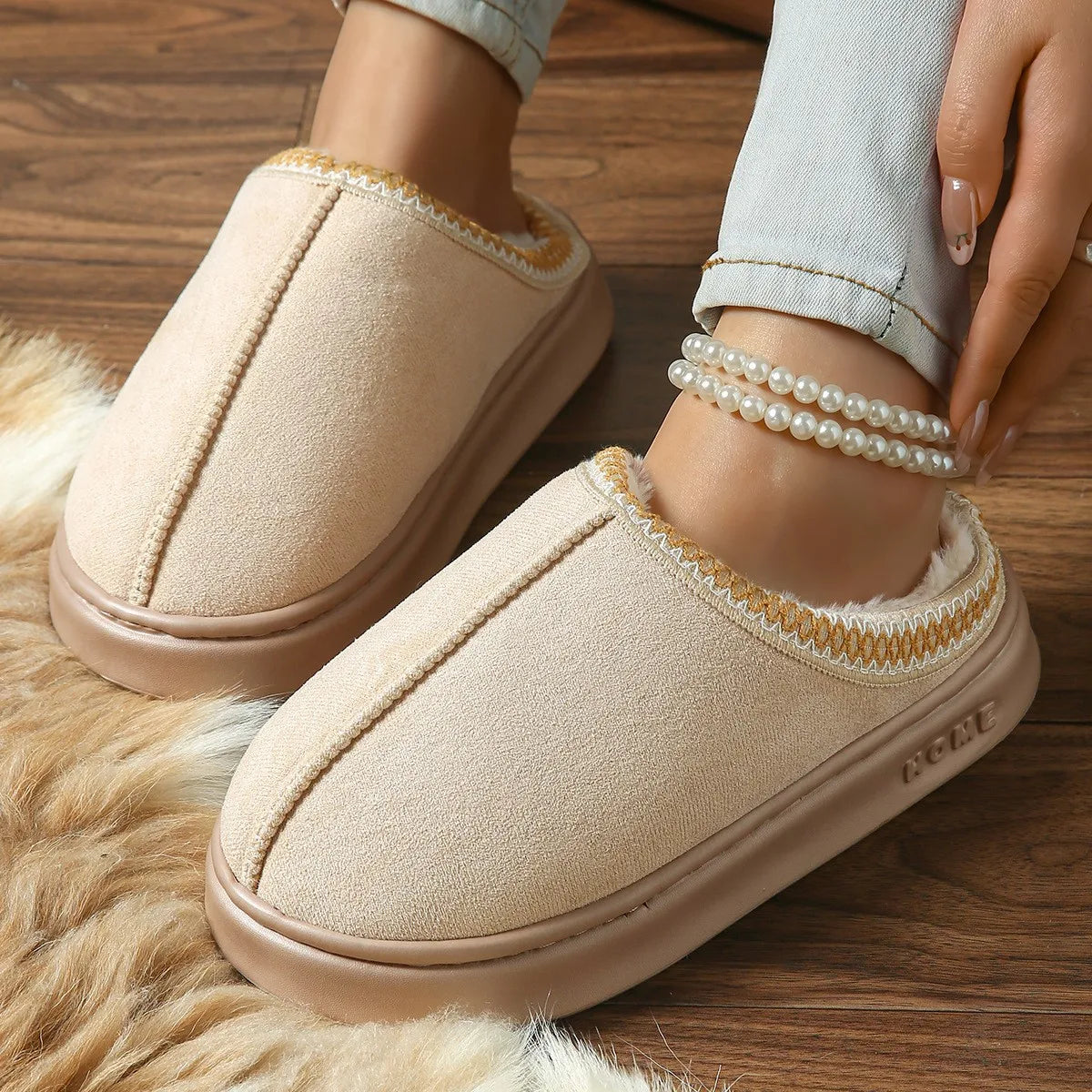 Women's Winter Slippers - Embroidered Plush Anti-Slip Indoor House Shoes with Thick Sole