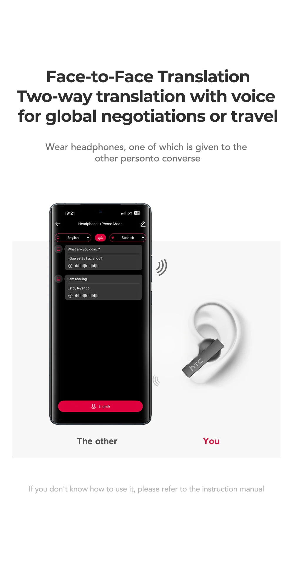 HTC Bluetooth Earphones with AI Translator & HD Subtitles - TWS Sports Wireless
