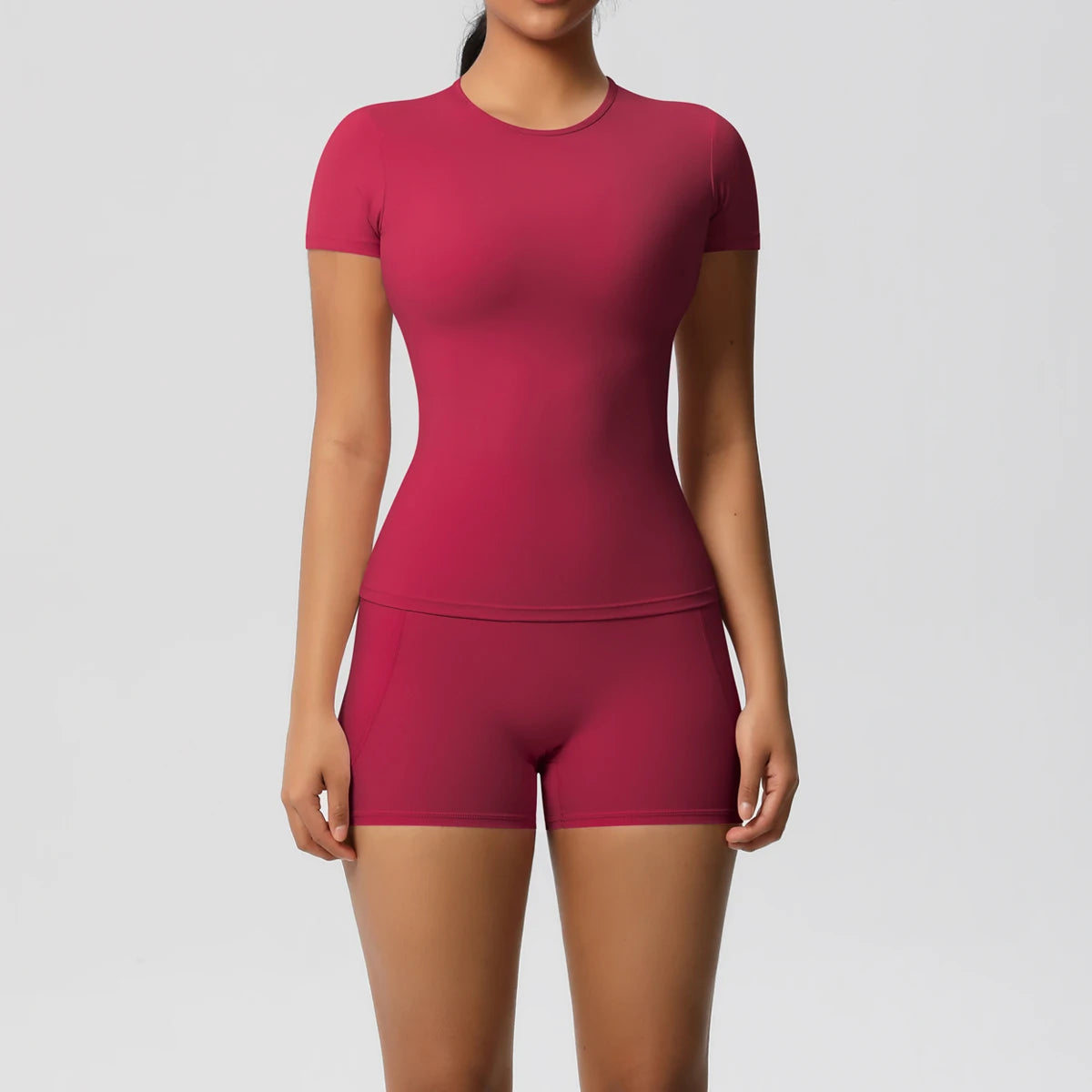 Women's 2-Piece Workout Set - Push-Up Shirt & High Waist Shorts for Yoga & Fitness