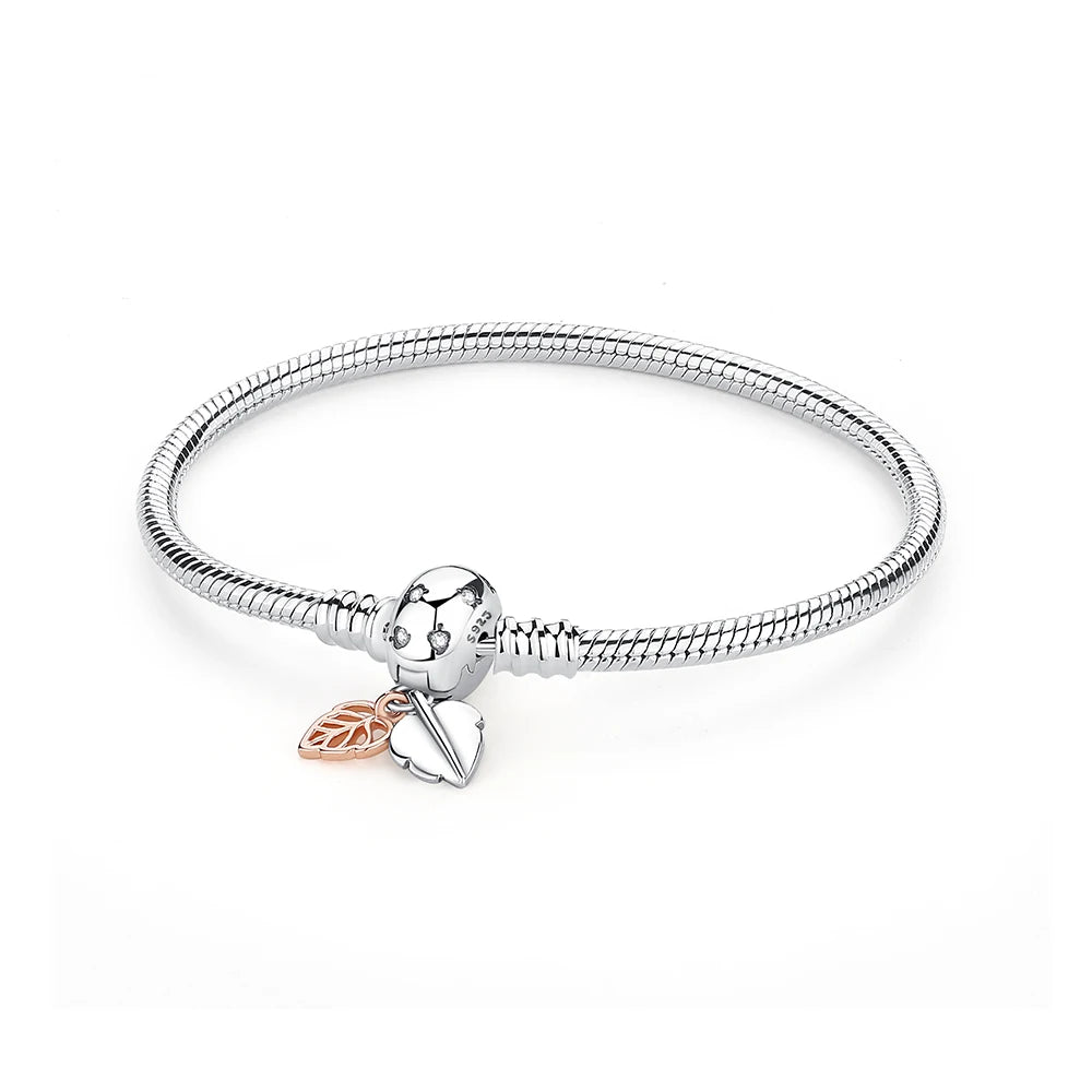 925 Sterling Silver Snake Chain Bracelet with Heart Charm Beads