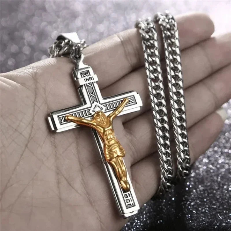 Hip Hop Cross Necklace for Men - Gold & Silver Religious Jesus Pendant Jewelry Gift