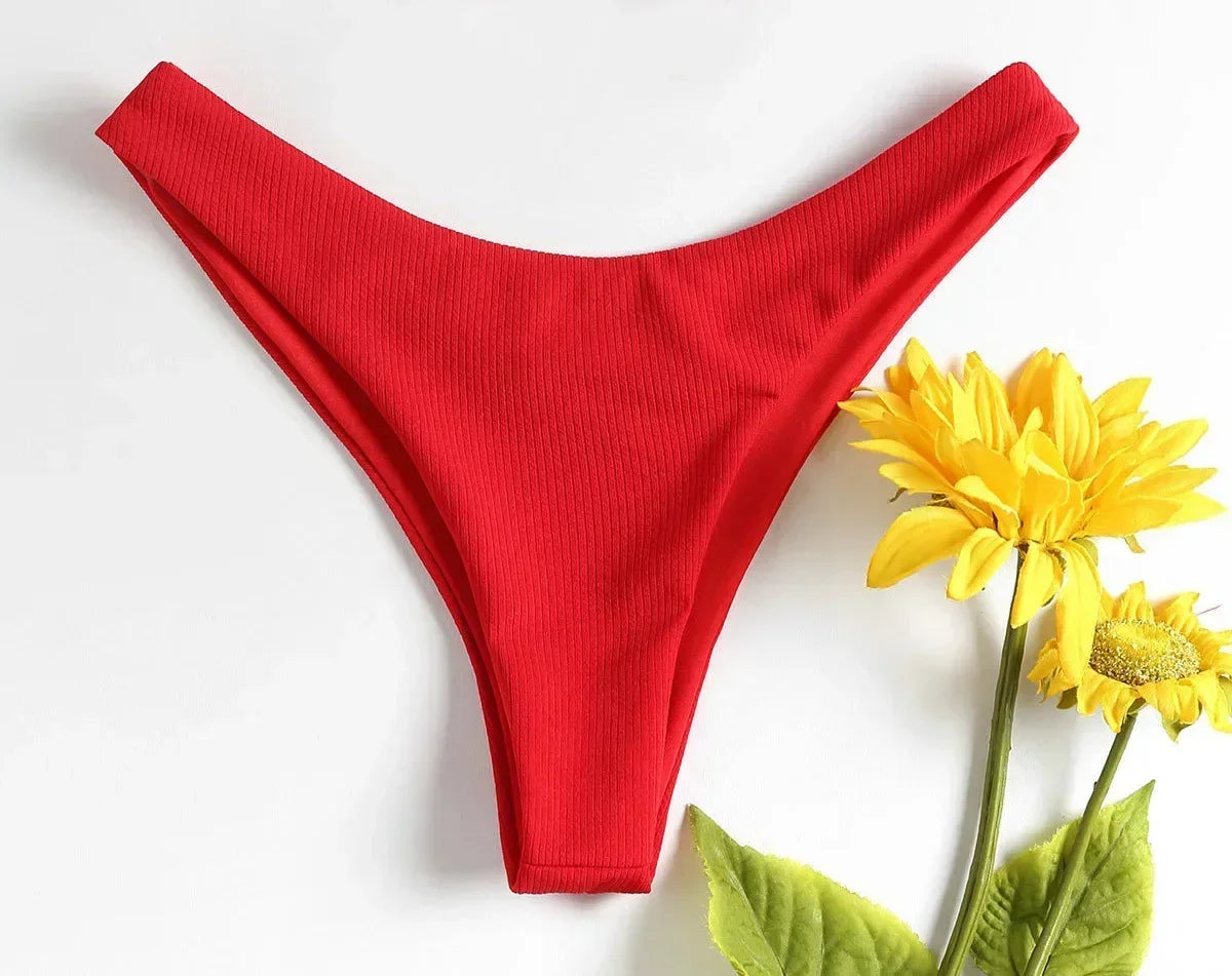 Brazilian Women's Low Waisted Thong Bikini Bottoms Solid Swimwear Red White Black Summer Push Up Bathing Suit for Beach Poolside