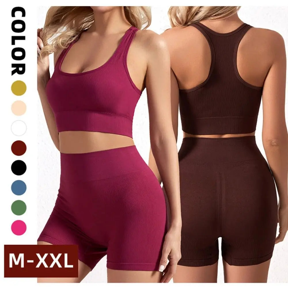 Women's 2-Piece Breathable Ribbed Workout Set - Sports Bra & High Waist Shorts (Summer Active Set)