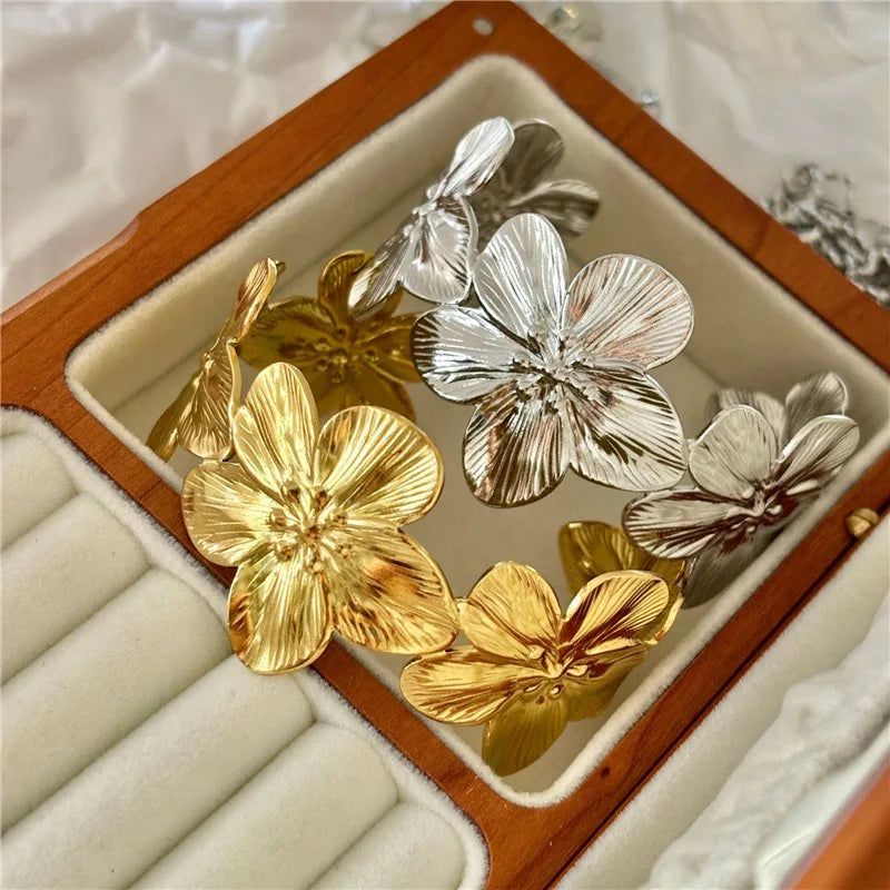 Wide Geometric Flower Bracelet - Adjustable Statement Jewelry