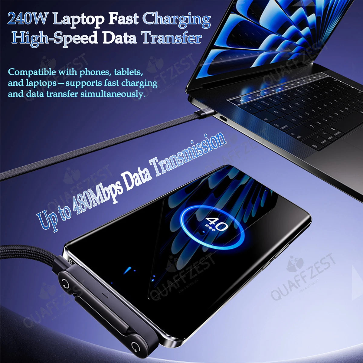 240W Fast Charging Cable with Built-In Foldable Phone Holder - 2-in-1 USB-C Gaming Stand
