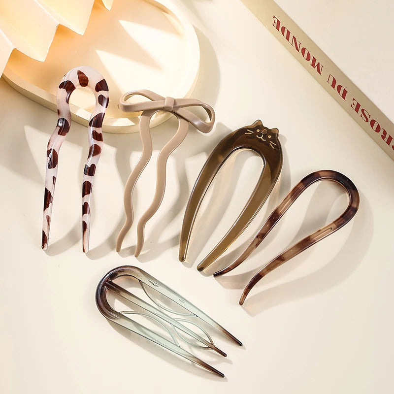 U-Shaped Hair Fork – Tortoiseshell Acrylic Hairpin for Women | All Seasons