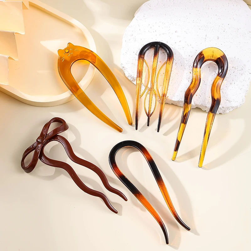 U-Shaped Hair Fork – Tortoiseshell Acrylic Hairpin for Women | All Seasons