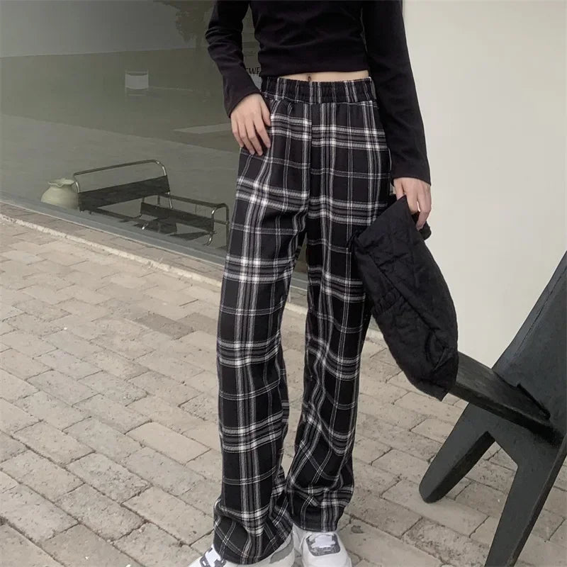 Warm Plush Plaid Pants – Women Winter Wide-Leg Casual