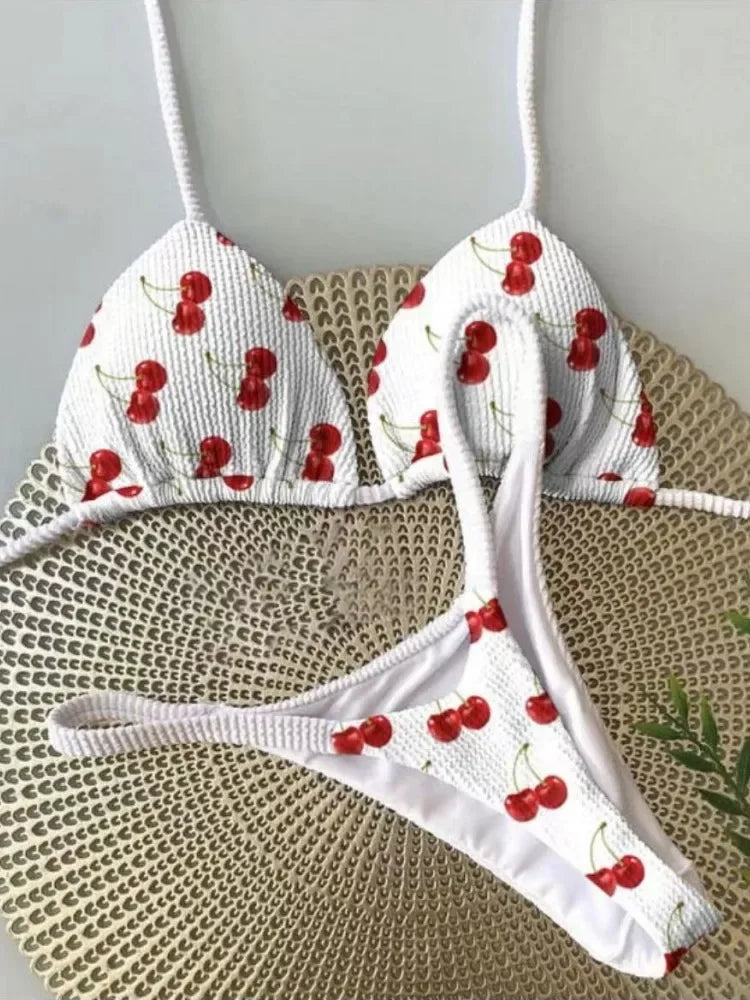 2024 brazilian bikini women suit, beach fashion, sexy thong swimsuit, cute cherry print