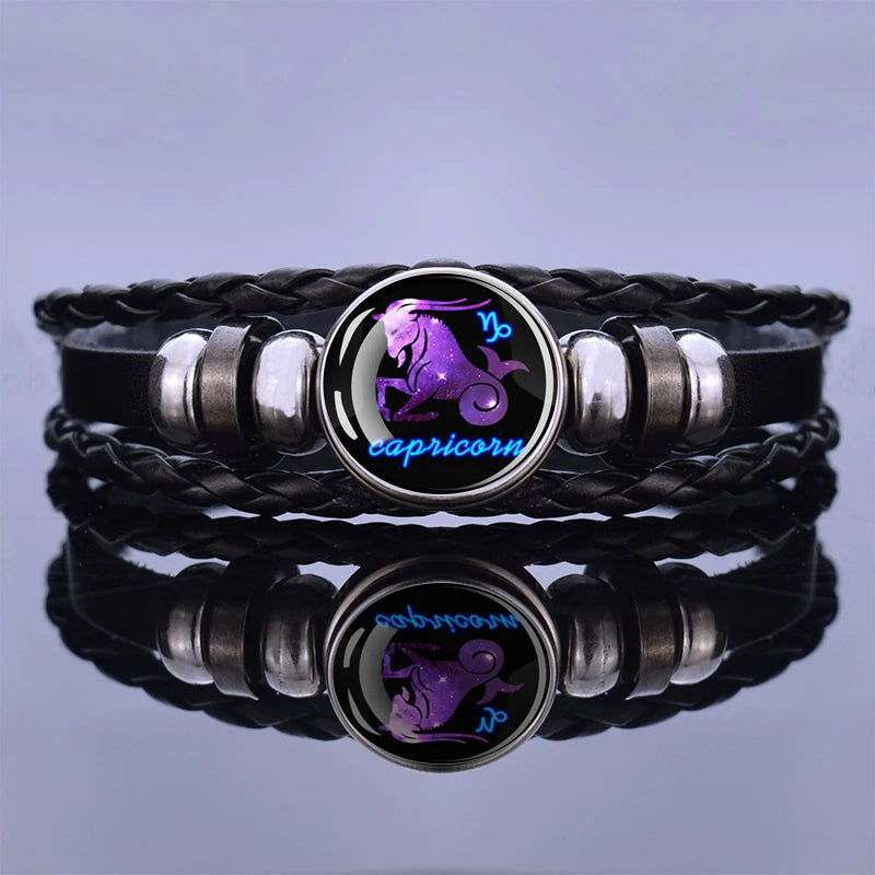 Black Braided Zodiac Bracelet for Men - 12 Constellation Leather Birthday Gift