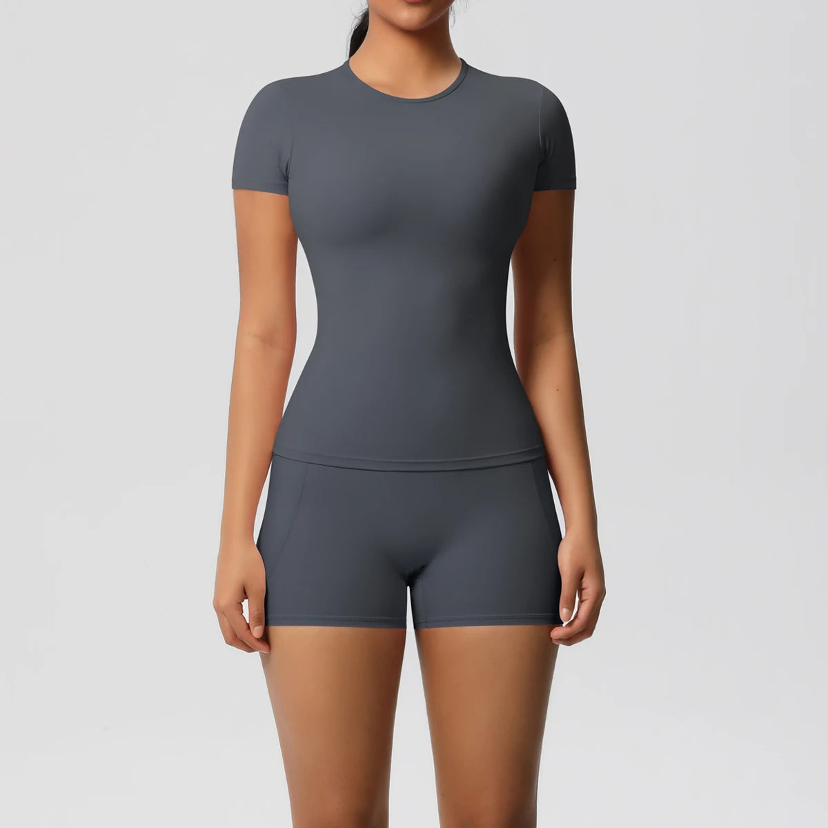 Women's 2-Piece Workout Set - Push-Up Shirt & High Waist Shorts for Yoga & Fitness