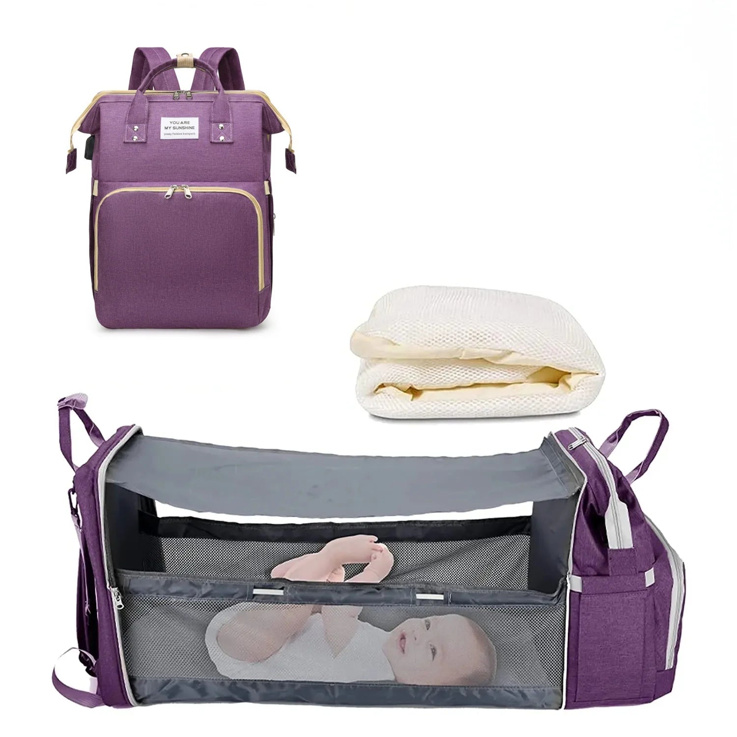 3-in-1 Diaper Bag Backpack – Foldable Baby Bed with USB Charging Port