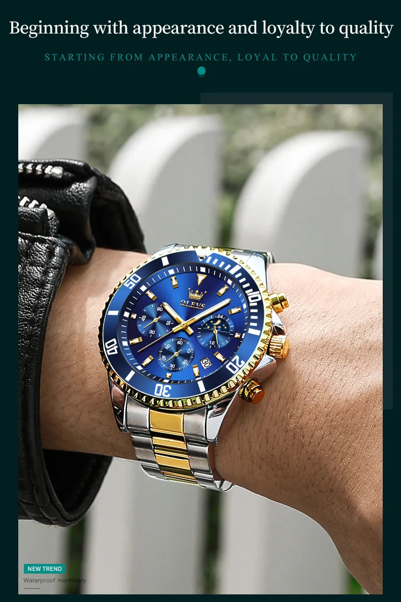 OLEVS 2870 Men's Luxury Watch – Chronograph Moon Phase Date Stainless Steel