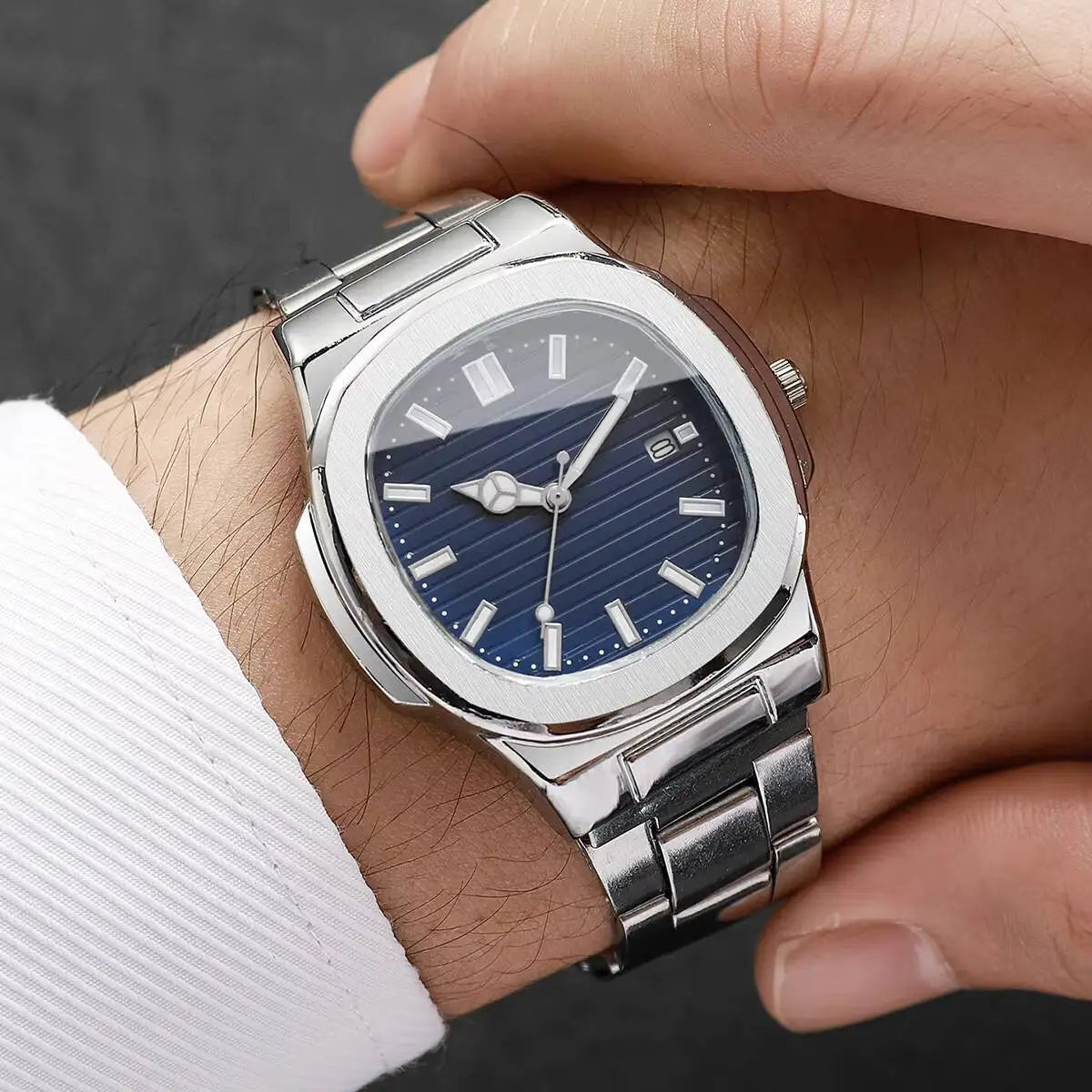 Luxury Men's Square Dial Quartz Watch – Stainless Steel Business Watch with Calendar