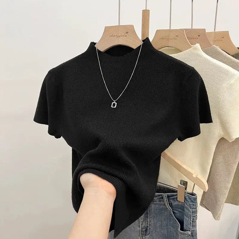 Turtleneck Pullover Sweater – Women's Knitted Short Sleeve