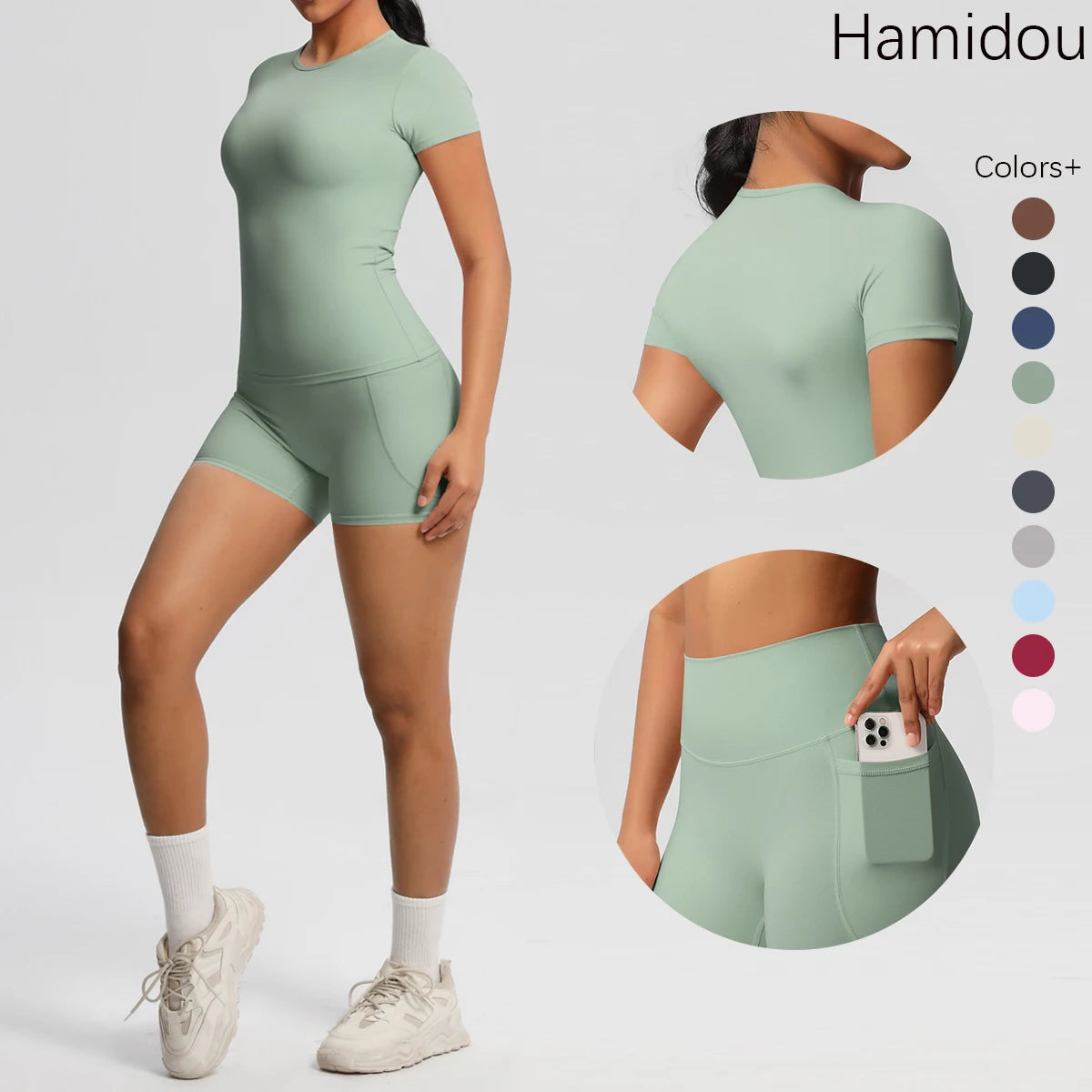 Women's 2-Piece Workout Set - Push-Up Shirt & High Waist Shorts for Yoga & Fitness