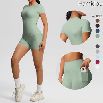 Women's 2-Piece Workout Set - Push-Up Shirt & High Waist Shorts for Yoga & Fitness